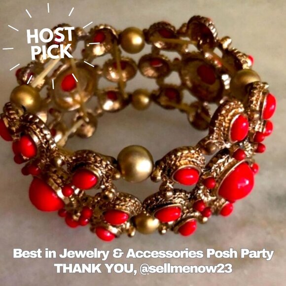 Red Coral Beaded Gold Tone Stretch Bracelet - Picture 7 of 8